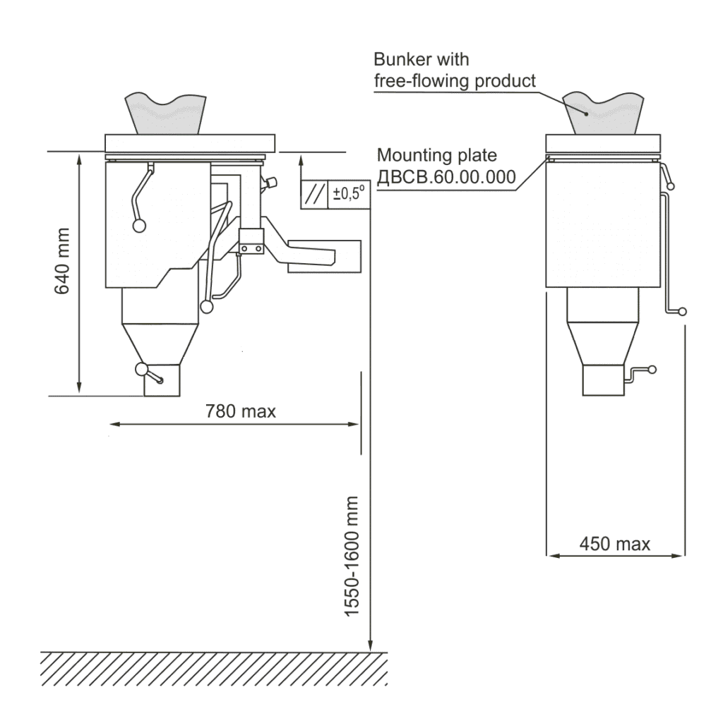 Technical drawing and dimensions of DVSV-N weigh hopper dispenser for installation under a bin