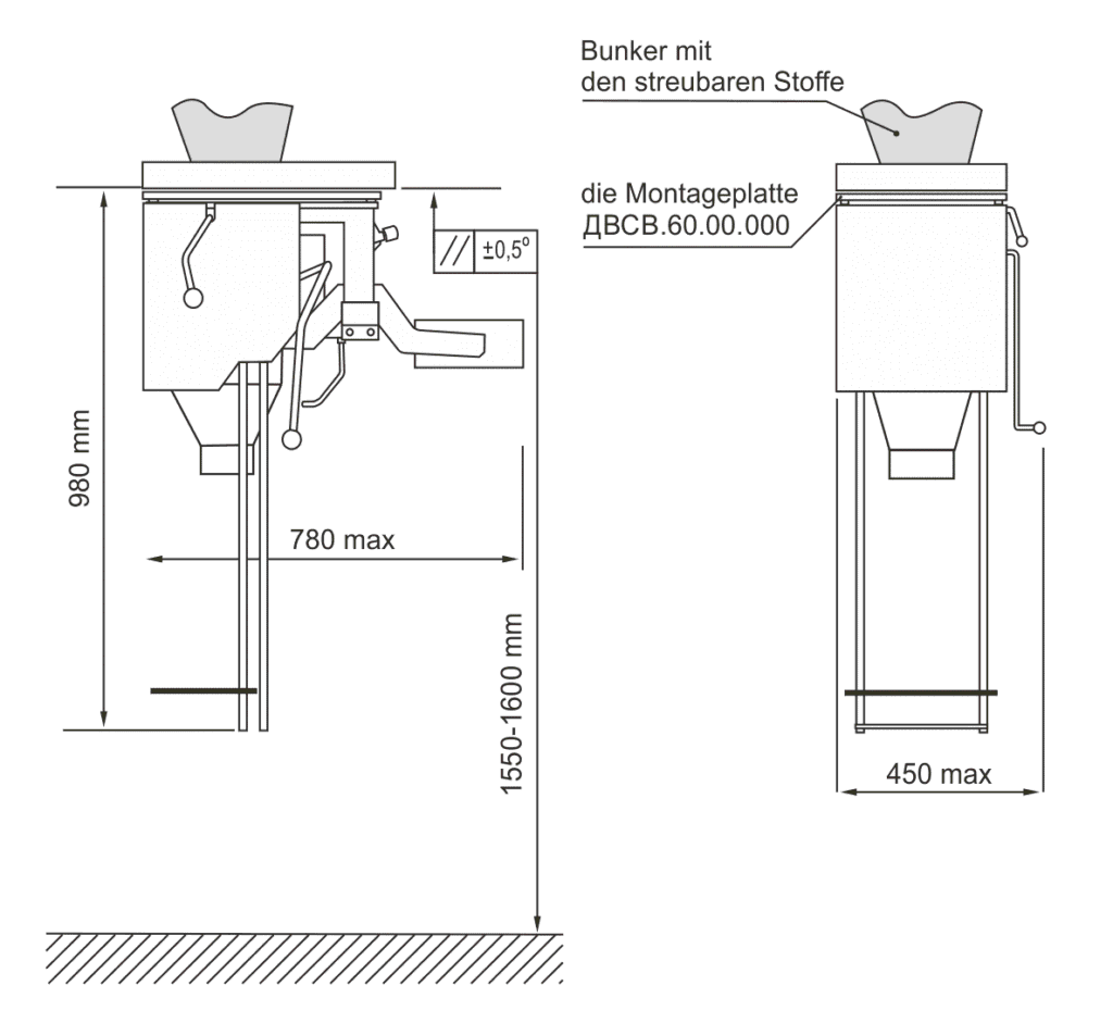 Technische Zeichnung und Abmessungen der Dosierwaage für die Trägermontage unter dem Bunker